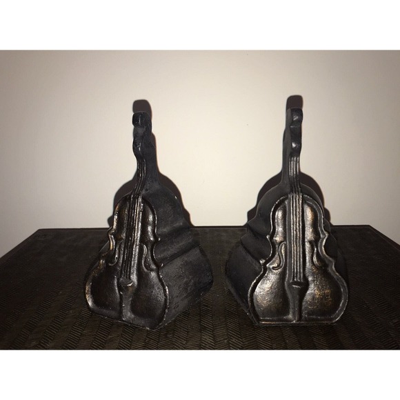 Set of 2 Heavy Bookends, Upright Bass Instrument, Decorative, Patina Finish - Picture 12 of 12